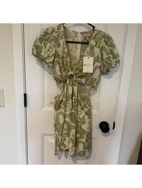 Mumu Green and Cream Patterned Cut-Out Dress with Puff Sleev